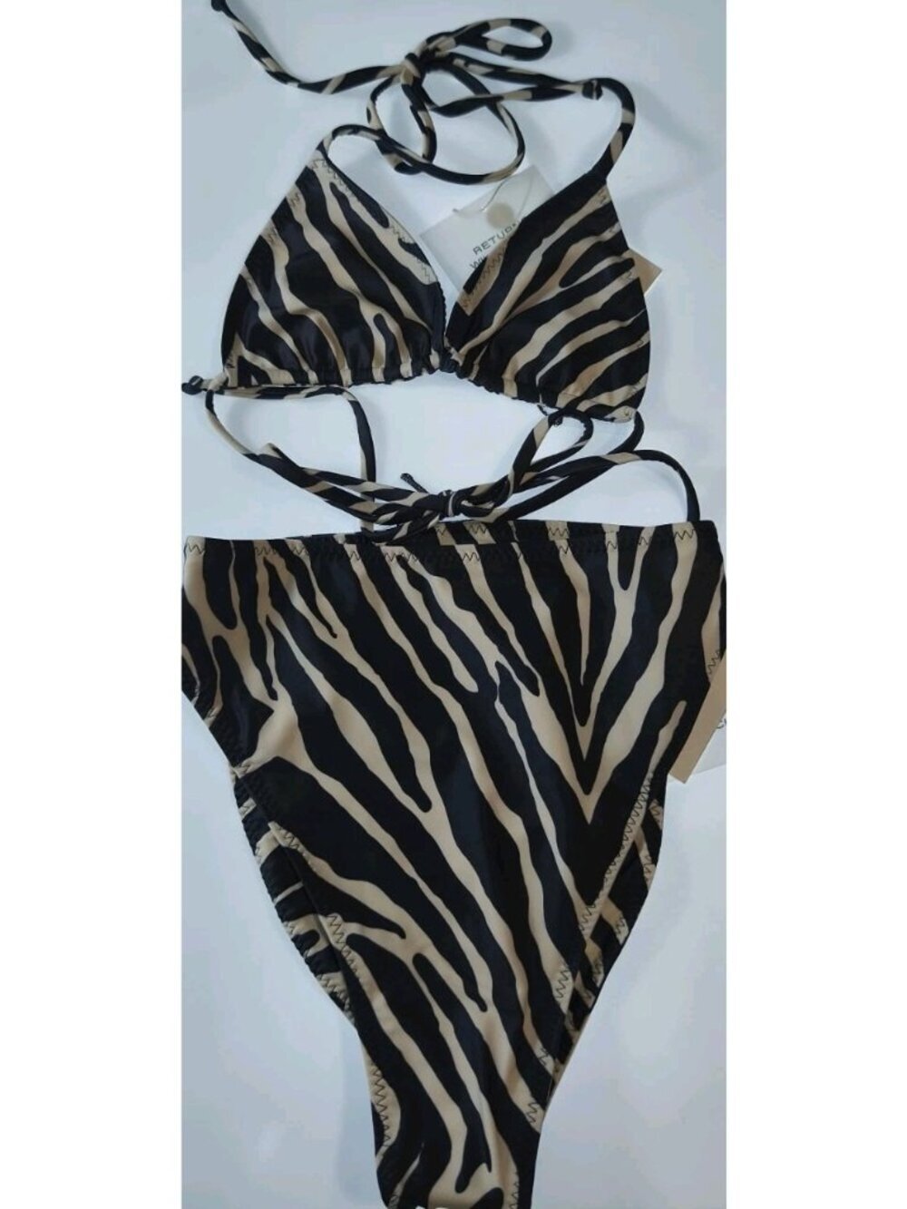 SAME Los Angeles Zebra Print Bikini Set XS Triangle Halter High Rise NWT